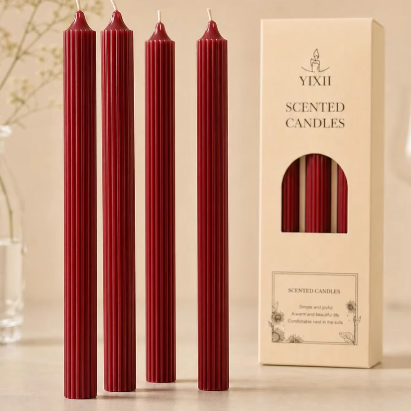 Home Fragrance No 4 - ชุดเทียนอโรมาเธอราพีสีแดงไวน์ 4 ชิ้น ขนาด 25 ซม.